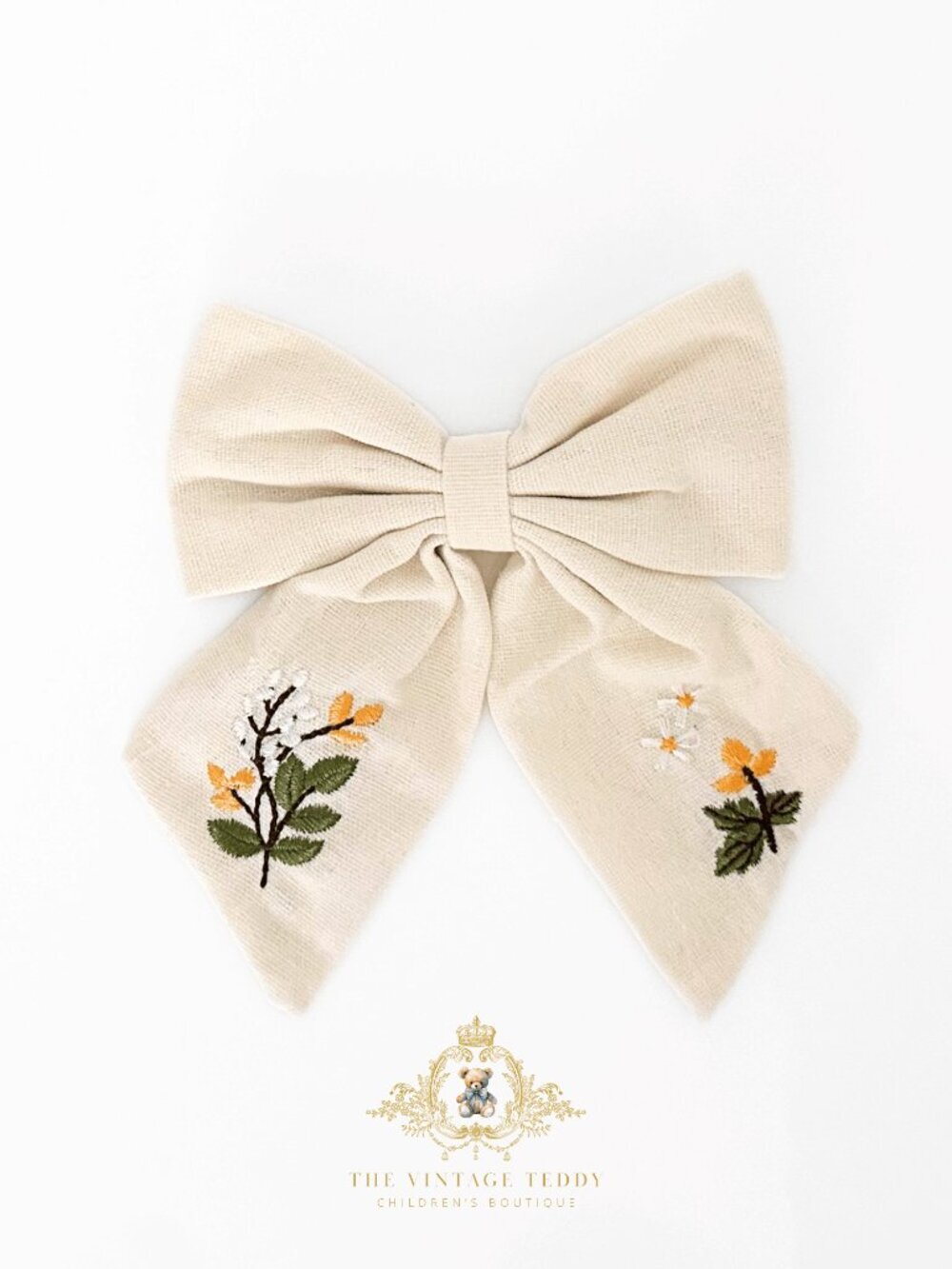NWT Lovely Girls Embroidered Floral Hair Bow Clip-On Kids Hair Accessory Cream
